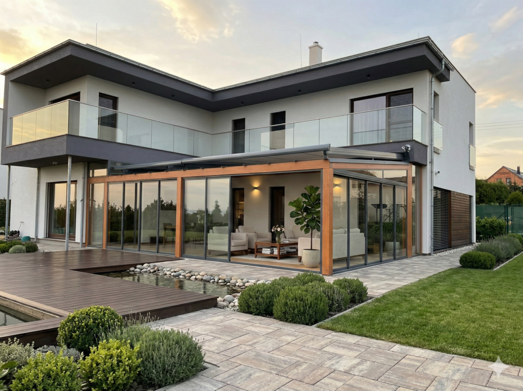 Fotografie realizované dřevěné zimní zahrady s vysunutou markýzou