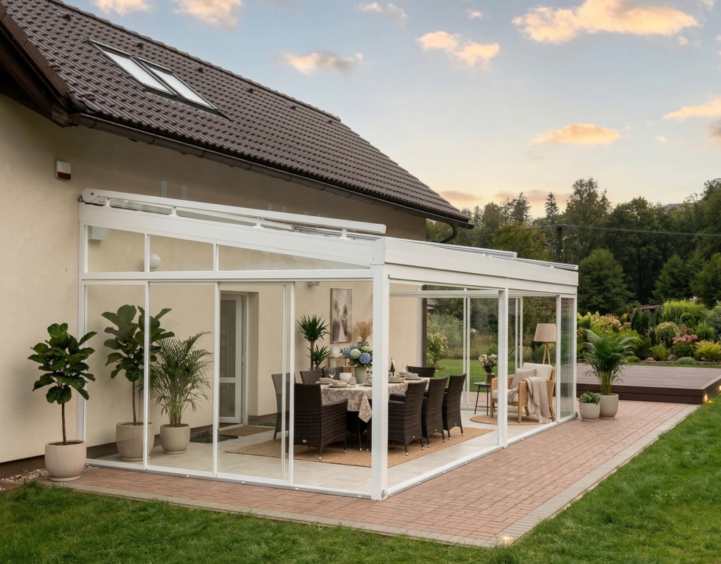 Moderní bílé zastřešení terasy Karásek realizované u rodinného domu v minimalistickém stylu