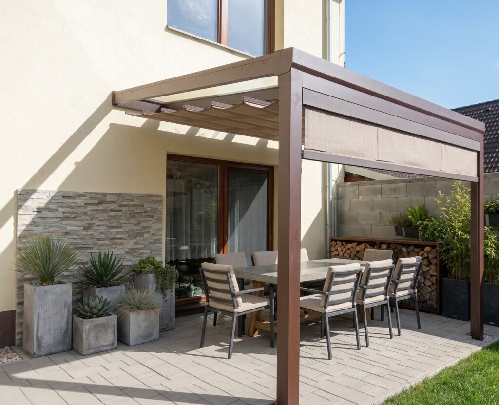 Detailní pohled na hnědou hliníkovou pergolu s baldachýnem a zataženou čelní screenovou roletou, která věrně napodobuje vzhled dřevěné pergoly 6X4.