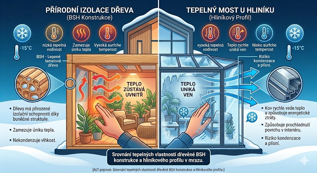 Srovnání tepelných vlastností dřevěné BSH konstrukce a hliníkového profilu.