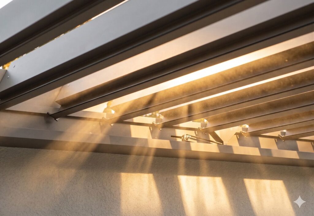 Detail hliníkových lamel bioklimatické pergoly Karásek umožňující regulaci světla a odvětrávání.