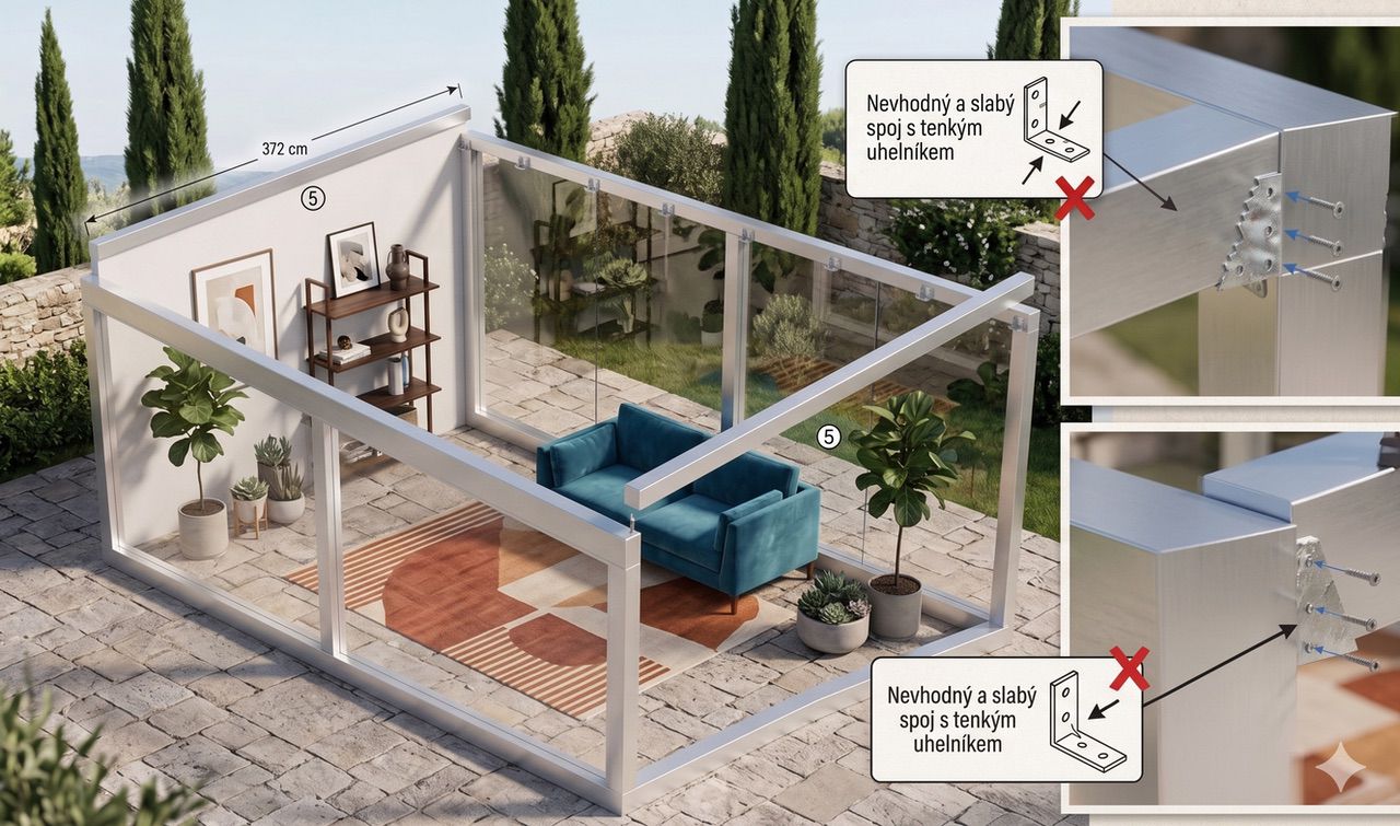 Detailní srovnání nekvalitního spoje na úhelník s viditelnými šrouby a profesionálního skrytého systémového spoje.