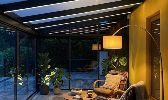 Designové večerní osvětlení zimní zahrady s teplým spektrem světla pro útulnou atmosféru